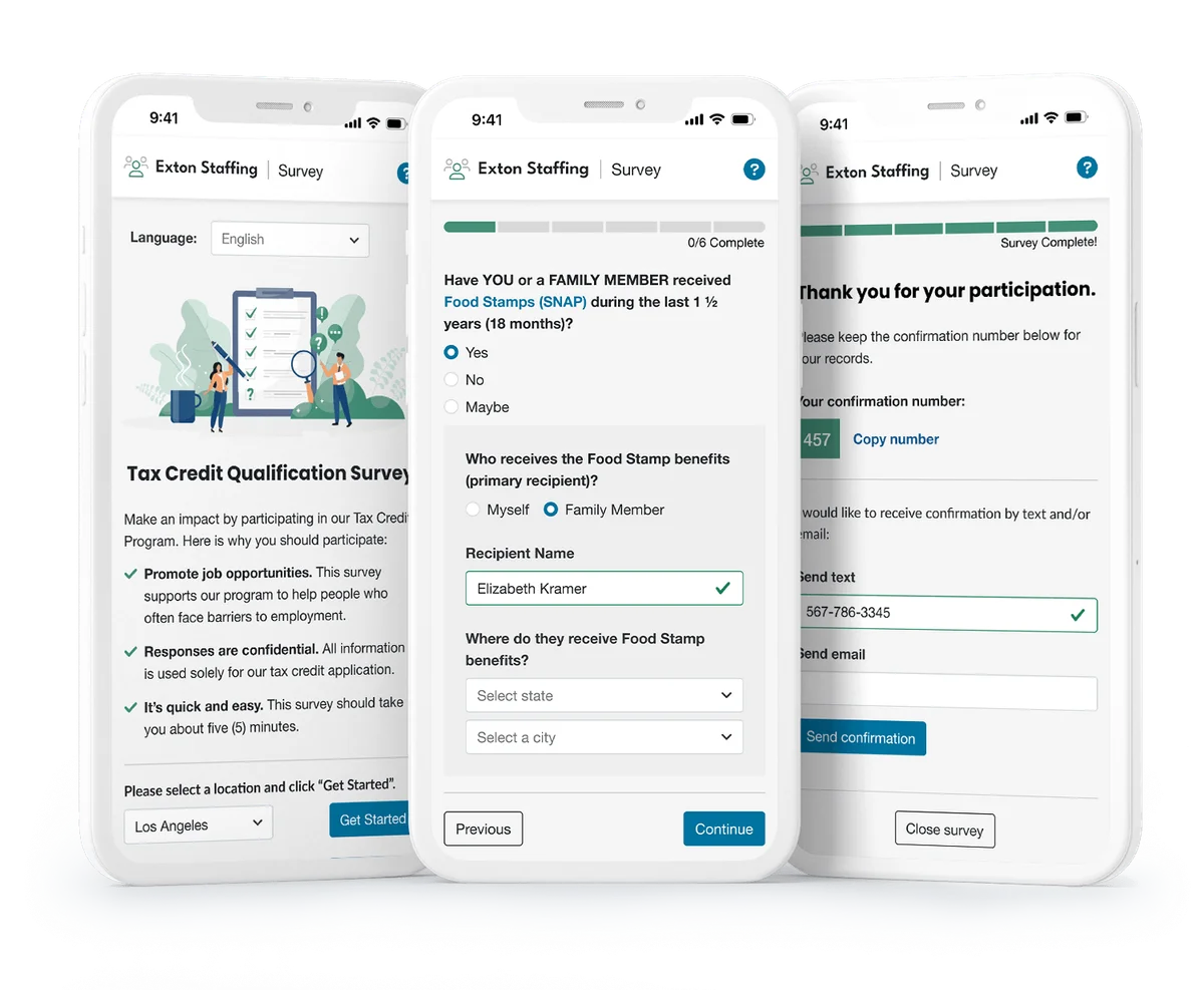 Mobile tax credit survey screens showing the welcome, questions, and confirmation steps