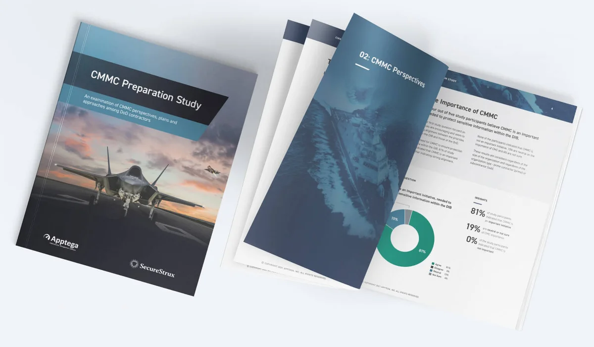 Apptega CMMC industry report cover and editorial page layouts