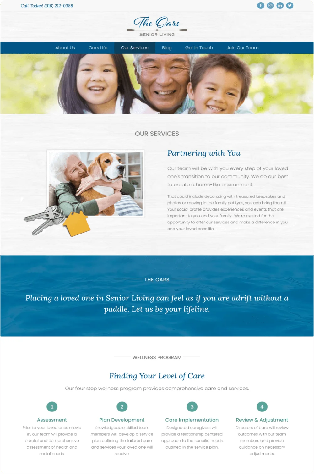 Quantum Care Place website page with coastal colors and senior living photography
