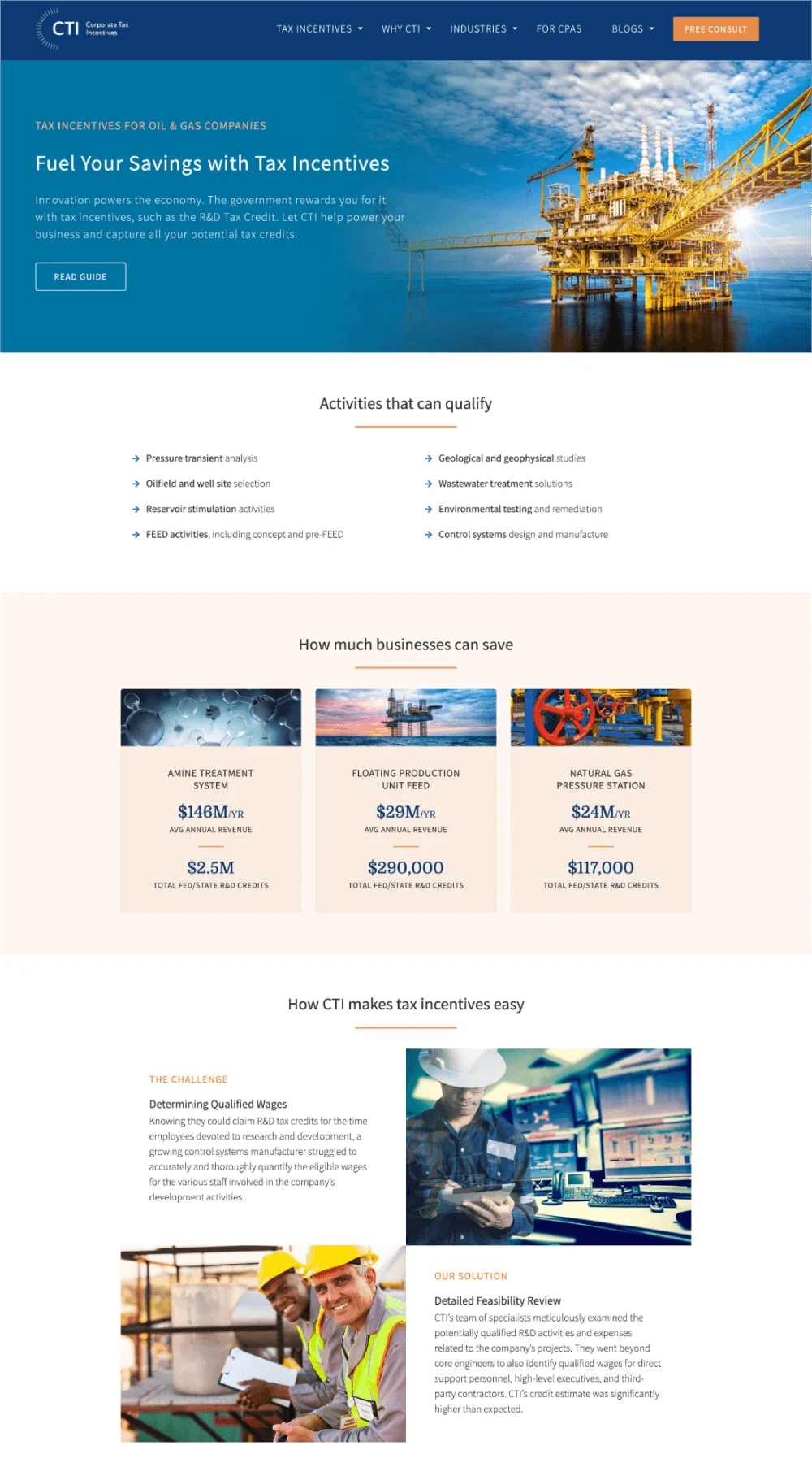 Corporate Tax Incentives website layouts with industry-focused content