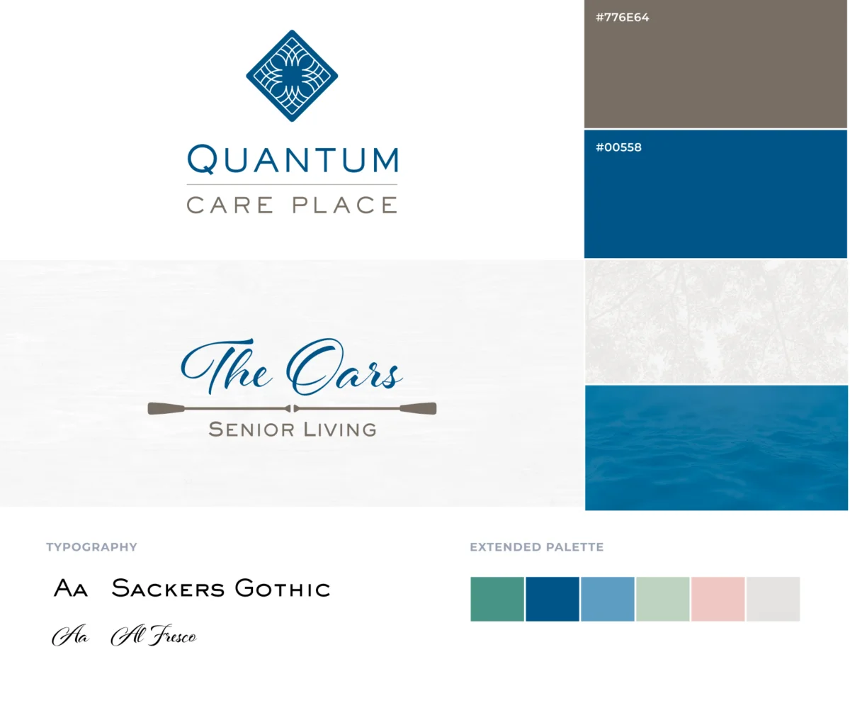 Quantum Care Place logo, coastal color palette, typography, and brand guidelines