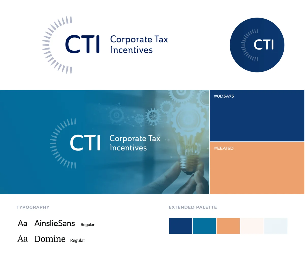 Corporate Tax Incentives logo, color palette, typography, and brand applications