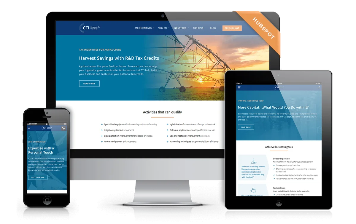 Corporate Tax Incentives responsive website on desktop, tablet, and mobile